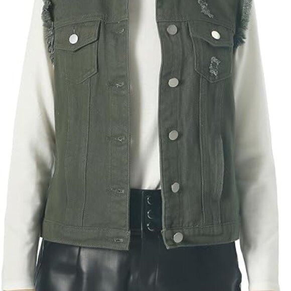 Sleeveless Distressed Denim Vest - Army Green - NWOT - Picture 1 of 11
